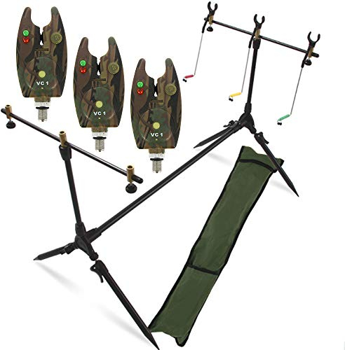 G8DS® Set Rod Pod Rutenhalter + Tragetasche inklusive 3 Bissanzeiger mit Lautstärkeregeler Karpfen Angeln