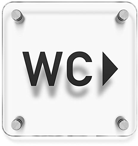 Türschilder24 WC Toiletten Wandschild/Türschild • WC + Pfeil - Wegweiser rechts • 150 x 150mm. Schild besteht aus hochtransparentem 3mm Acrylglas. Inkl. 4 x Abstandshalter aus V2A Edelstahl