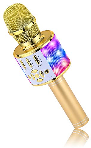 BONAOK Microphone Bluetooth sans Fil, Micro Enfants avec Lumières LED, Mini Machine Karaoké pour Fête/Maison/Anniversaire, Compatible avec Bluetooth iOS Android (Or)