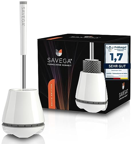 SAVEGA® Das Original - Innovative Toilettenbürste aus Silikon – Klobürste mit Halter – Hochwertiges WC-Bürsten Set – Antibakterieller Klobürstenhalter in weiß - grau – rund