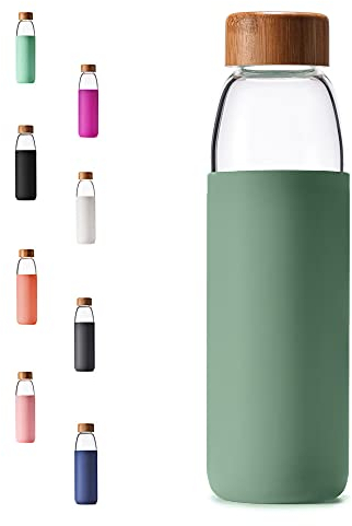 veegoal 18 Oz Borosilicate Glass Water Bottles with Bamboo Lid, BPA-FREE, Non-Slip Silicone Sleeve, and Stainless Steel Leak Proof Lid - Reusable Glass Bottle for Men and Women