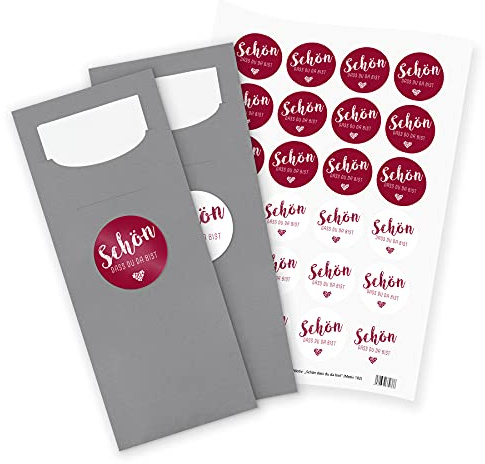 itenga 24x Bestecktaschen GRAU Schön dass du da bist bordeaux rot Pochetten inkl. Serviette und Sticker Aufkleber Tischdeko Einweggeschirr