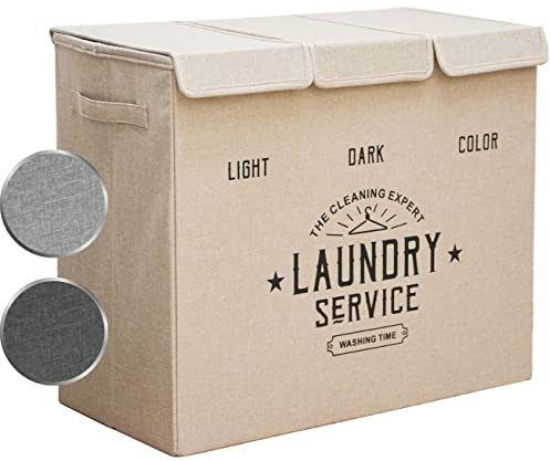 DuneDesign Panier à Linge 3 Compartiments - 84L Trieur de Linge avec Couvercle - 60x30x50 cm - Bac de Rangement Salle de Bain - Panier de Vêtements Sales - Meuble Buanderie - Organisateur de Maison