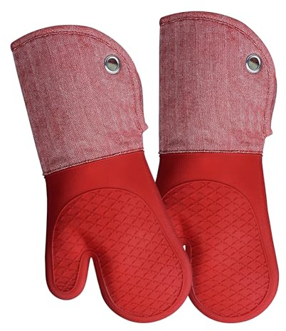 Professional Microwave Silicone Oven Mitts one Pair, Kitchen Mitten Set for Heat Resistant with 500 Degrees, Kitchen Gloves Pot Holder for BBQ Cooking Baking (Red)