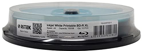 10 Pack Ritek BD-R XL BDXL 100GB Archival Grade Triple Layers 4X White Inkjet Hub Printable Blank Recordable Disc in Spindle