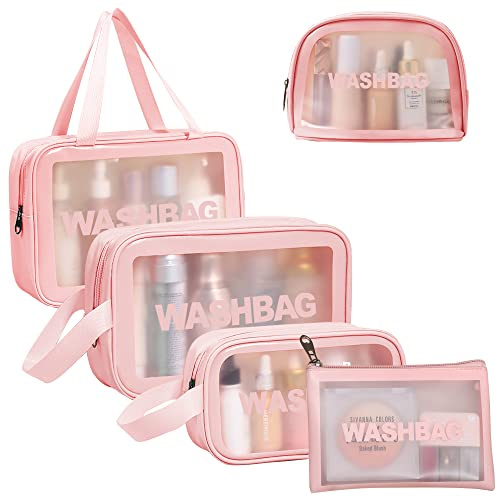 Sightday 5PCS Clear Toiletry Bags, Pink, Waterproof PVC Travel Cosmetic Bags, Multiple Sizes for Travel, Outdoor, Women, Girls, Men