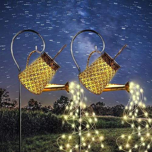 AWENDIETOU Paquete de 2 luces solares de regadera de jardín, luces solares de cascada con luces en cascada, tablero de carga impermeable, decoración de jardín para exteriores, luz solar para