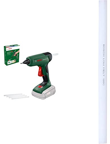 Bosch Akku-Klebepistole AdvancedGlue 18V (ohne Akku;18V System;4x Klebestifte;Aufheizen in 90 Sek; Dual-Temp-Modus 130°C - 200°C; im Karton) +Niedrigschmelzende Klebestick (weiche Materialien, Ø11 mm)