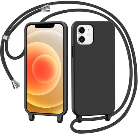 AOMYKE Handyhülle für iPhone 12 / iPhone 12 Pro Hülle mit Band, Handyband iPhone 12 / iPhone 12 Pro Hülle zum Umhängen Schutzhülle mit Kette Kordel Weich TPU Liquid Silikon Case, Schwarz