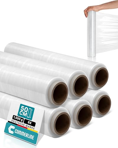 Commerline Transparent Stretchfilm | 6 Rullar - 50 cm, 1500 g, 230 m | Plastfolie & Skyddsfilm för Flytt, Möbler och Pall | Förpackningsfilm & Wrapfilm