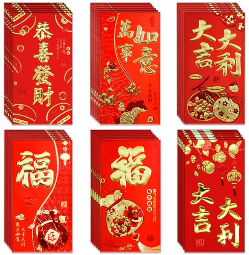 36 Rote Umschläge für das chinesische Neujahr, Rote Glücksumschläge, Chinesisches Neujahr 2026, Rote Tasche, Goldgeprägtes Muster, Hong Bao-Segen-Geldumschläge für das Neujahrs-Frühlingsfest(6 Stile)