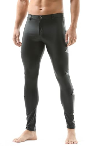 QiaTi Pantalones de cuero sintético para hombre Leggings con cremallera Pantimedias de charol Negro Pantalones Tight, 3#negro, L