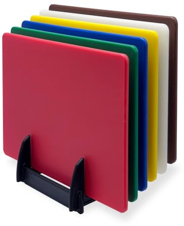 HENDI Set de 6 planches à découper HACCP avec support, lisse, 6 couleurs différentes, 6 pièces, 450x300x(H)10mm, polyéthylène, polypropylène