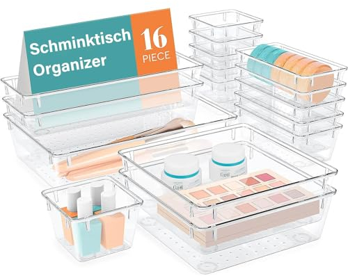 QIMYGIFT Schubladen Organizer, 16 Stück Schminktisch Organizer für Schublade mit 4 Größen, Makeup Organizers, Schreibtisch Schubladen Ordnungssystem, Organizer für Küchen, Bad, Büro