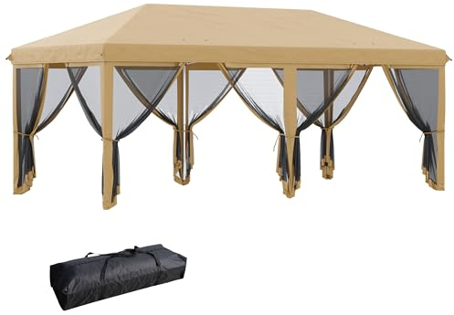 Outsunny Gazebo Pieghevole 6x3 Pop Up con 6 Zanzariere Rimovibili, Altezza Regolabile e Borsa da Trasporto, Gazebo da Esterno in Acciaio e Tessuto Oxford, per Giardino, Feste, Campeggio, Beige