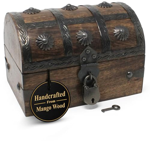 Nautical Cove Handmade Pirate Treasure Chest for Kids Prizes & Classroom with Lock and Skeleton Keys – Lockable Wooden Storage Chest Box, Pirate Decor, Decorative Wooden Box - X-Small 6.5x4.5x4.5