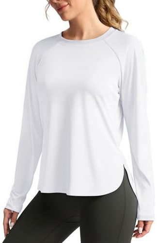 PINSPARK Sportshirt Damen UPF 50+ Sonnenschtuz Sport T-Shirt Funktionsshirt Langarm Laufshirt UV Shirt Leicht Langarmshirt Rundhalsausschnitt Fitness Yoga Tops Rashguard Weiß S