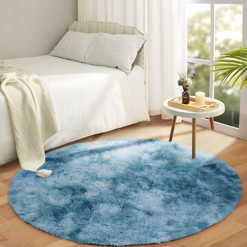Aspire Homeware Runder Teppich für Wohnzimmer, Batik-Teppich, blaugrün, 120 x 120 cm, für Schlafzimmer, rutschfest, modern, superweich, flauschig, zottelig, Plüschteppich, Bettvorleger für