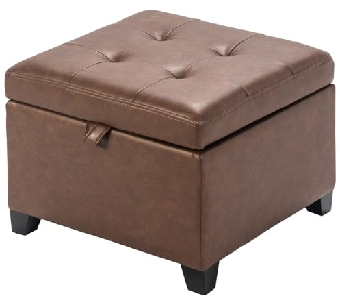 Asense 17 Inch Storage Ottoman Foot Rest,Square Faux Leather Foot Stool,Small Ottoman with Storage,Padded Seat for Entryway,Living Room,Bedroom,Couch,Under Desk,Rust Brown