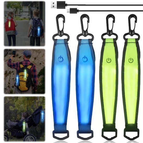 GAOUTO Lot de 4 cartables à LED clignotantes - 3 modes - Rechargeable par USB - Pendentif réfléchissant - Lumière de sécurité pour enfants - Réflecteur étanche - Pour cartable