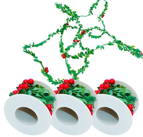 Guirnalda de bayas rojas de Navidad de 2,7 m, 3 guirnaldas de hojas de acebo verdes, guirnalda colgante para puerta delantera, decoración para árbol de puerta y ventana