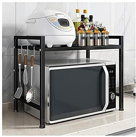 2 Tier Extendable Microwave Oven Rack Heavy Duty Stand Shelf Kitchen Organizer Rack With Hooks Black
