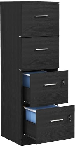 HOMCOM File Cabinet with 4 Drawers for Home Office, Vertical Filing Cabinet with Lock, Adjustable Hanging Bar for A4 and Letter Size, Black Wood Effect