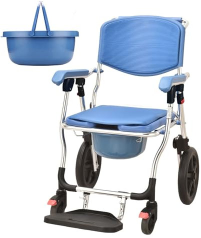 Klappbar Toilettenstuhl mit Rollen, 4-in-1-Toilettenstuhl für Senioren, Nachttoiletten, Faltbarer Rollender Duschstuhl mit Rollen für Senioren, Gewichtskapazität 330 Pfund