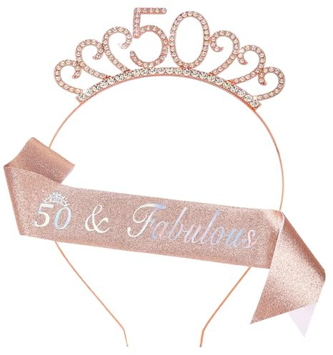 50th Birthday Decoration for Women,Rose Gold Birthday Sash and Rhinestone Headband for Women's 50th Birthday Party Decor
