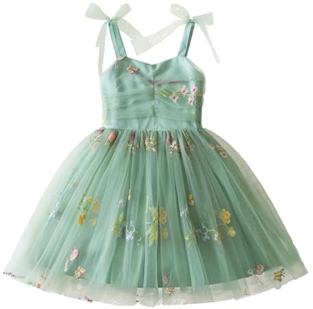 JiAmy Mädchen Kleider Schleife Träger Kleid A Linie Rüschen Tüll Kleinkind Kleid Grüne Riemenblume für 5-6 Jahre