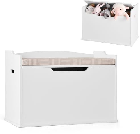 DREAMADE Spielzeugkiste mit Deckel, Kinderbank mit Kissen, Spielzeugtruhe Kindertruhe, Aufbewahrungsbox Kinder 74 x 39 x 52 cm für Kinderzimmer Spielzimmer (Weiß)