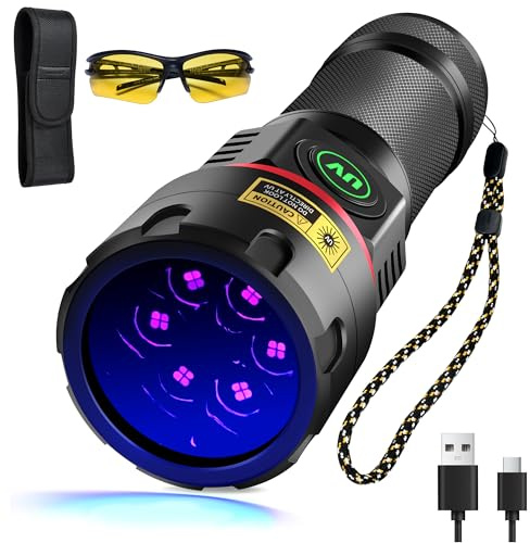 DARKBEAM UV Ficklampa 365nm Svart ljus 6xLED [4-core] Blacklight | Uppladdningsbara ultravioletta ficklampor Kraftfull 80W Woods lampa Detektor för husdjursurin, Mineraler, Uranium Glas