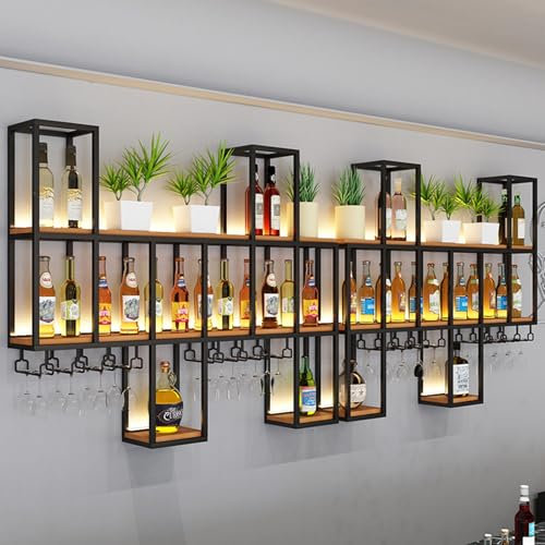 Estante de vino industrial de pared con porta copas,Grande estante de vino montado en la pared de negro con luz led,estante de exhibición de vino metálico,Estante para Botellas de Vino y Copas de Vino