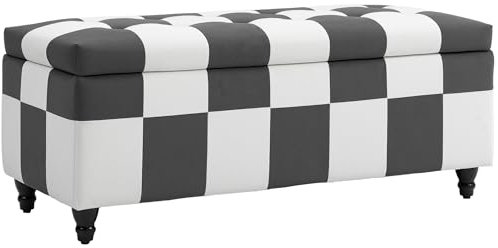 HOMCOM Storage Ottoman, Storage Bench with Wood Legs, Footstool, Footrest with Velvet Surface for Bedroom, Hallway, Living Room, 114 x 47 x 47 cm, Dark Grey and White