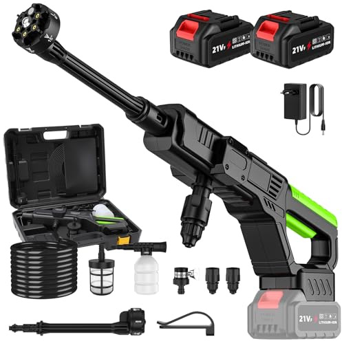 Hidrolimpiadora Portátil a Batería de Alta Presión 50 Bar con 2x 3.0Ah Baterías, Boquilla 6 en 1, Manguera 5m y Conector de Grifo para Jardín, Coche