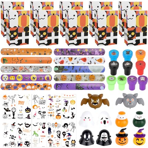 Graplan Halloween Party Mitgebsel Set, Mitgebsel Geschenke Kinder Pinata Give Aways mit Stempel, Armband, Tattoo, Rückprallspielzeug Füllstoff, Papiertüten, für Halloween Süßes oder Saures