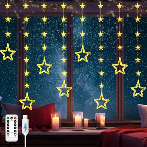 Isisyu Lichterkette Sterne 2M 80 LEDs Lichtervorhang Warmweiß, USB Weihnachtsbeleuchtung Innen Fenster mit 48er Sterne, 8 Modi, Timer, Memory, Fernbedienung Sternenvorhang für Fenster Weihnachtsdeko