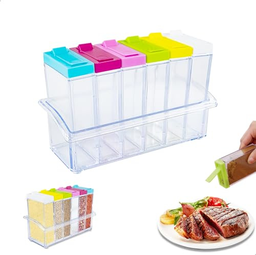 Botes Especias para Cocina con Base, 6 en 1 Botes Especias con Tapa, Transparente Frascos Especiarias con Compartimentos Múltiples Almacenamiento, Organizadores de Cocina para Restaurante Camping