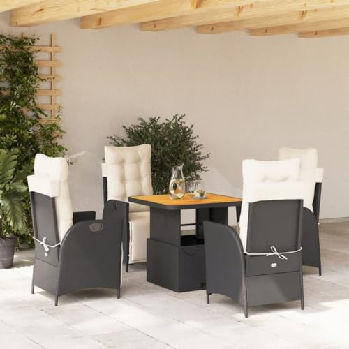 Runheo 5-TLG. Garten-Essgruppe mit Kissen, Schwarz Poly Rattan, verstellbare Relaxsessel, höhenverstellbarer Tisch, UV-beständig, wetterfestes Outdoor Möbel Set für Terrasse, Balkon