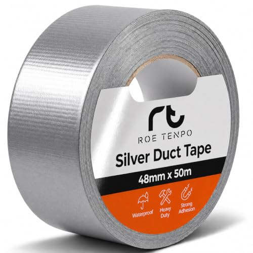 Roe Tenpo Silver Duct Tape - 48mm x 50m, Heavy Duty Gaffer Tape, Waterproof, Extra Strong Adhesive, Residue-Free, Ideal for Sealing, Wrapping, Plumbing & Indoor/Outdoor Repairs (Silver, Pack of 1)
