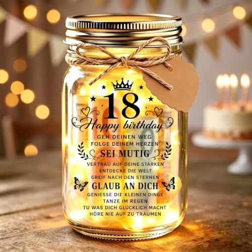 Johiux Geldgeschenk 18 Geburtstag Junge & Mädchen,LED Flaschenlicht Geschenk zum 18. Geburtstag Mädchen,Personalisiert Spruch Wunschglas als 18. Geldgeschenke Geburtstag für Sohn Tochter