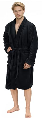 NY Threads Robe de chambre à col châle pour hommes, vêtements de nuit et d'intérieur doux et douillets, Noir, Moyen