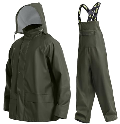 Navis Marine Ensemble de Pluie Homme Imperméable - Veste et pantalon PU étanches avec capuche amovible, idéal pour pêche, chantier, chasse et activités outdoor(Green,L)