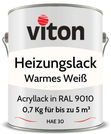 Viton Acryllack für Heizkörper - 0,7 Kg - Seidenmatt Weiss - UV- & Hitzebeständig - Heizkörperfarbe, Heizkörperlack, Heizungslack - HAE 30 - RAL 9010 Reinweiss (Warmes Weiss)