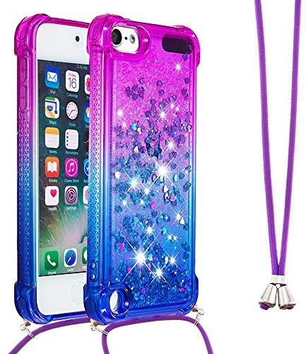 LEMAXELERS Halskette für iPod Touch 5 / iPod Touch 6, Glitter, glitzernd, Flüssigkeit, transparent, Silikon, TPU, mit Kordel, für iPod Touch 5, YB GS, Violett Blau
