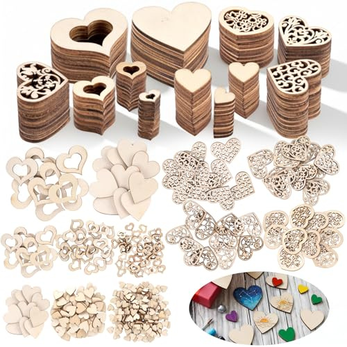 VGOODALL 510 Stück Holzherzen Deko, Natur Holz Herzen in 5 Größen 10-40mm mit 10m Schnur, Herzchen für Hochzeit Valentinstag Tischdeko, Bastelset für Karten und DIY Projekte