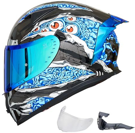 ILM Motorradhelm Integralhelm Herren Damen-Motorcycle Helmet mit 2 Visieren Pinlock-kompatiblen klaren und getönten-Street Bike Motocross Casco DOT&ECE Modell Z501, Manta Blue, XL | Transparente und getönte Visiere und Flossen, mehrere Belüftungsöffnungen, Comtex-Technologie, verschiedene Farben