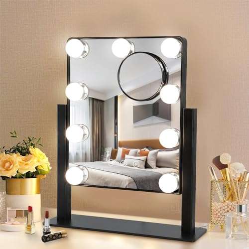 Depuley Black Vanity Mirror with Lights,LED Makeup Mirror for Dressing Table, Light Up Mirrors with Bulbs 3 Colour Dimmable, Tabletop Mirror and Lights 360° Rotation, Detachable 10X Magnifier
