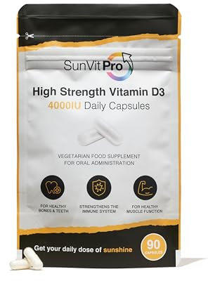 SunVit-D3 Vitamin D3 4000 IU Capsules | High Strength Vitamin D Capsules Supports Immune System, Bone, Teeth & Muscle Health | Gluten Free, Dairy Free | Vitamin D Supplements (90 Count)