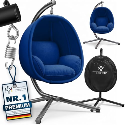 KESSER® Poltrona sospesa Luxe con telaio + morbido cuscino da seduta, imbottitura laterale, seduta e schienale imbottiti, cesto sospeso, per interni ed esterni, cesto a dondolo da giardino, Blu